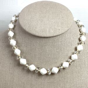 Vintage West Germany White Acrylic Bead Necklace Glass Faceted Spacers 1960s MCM